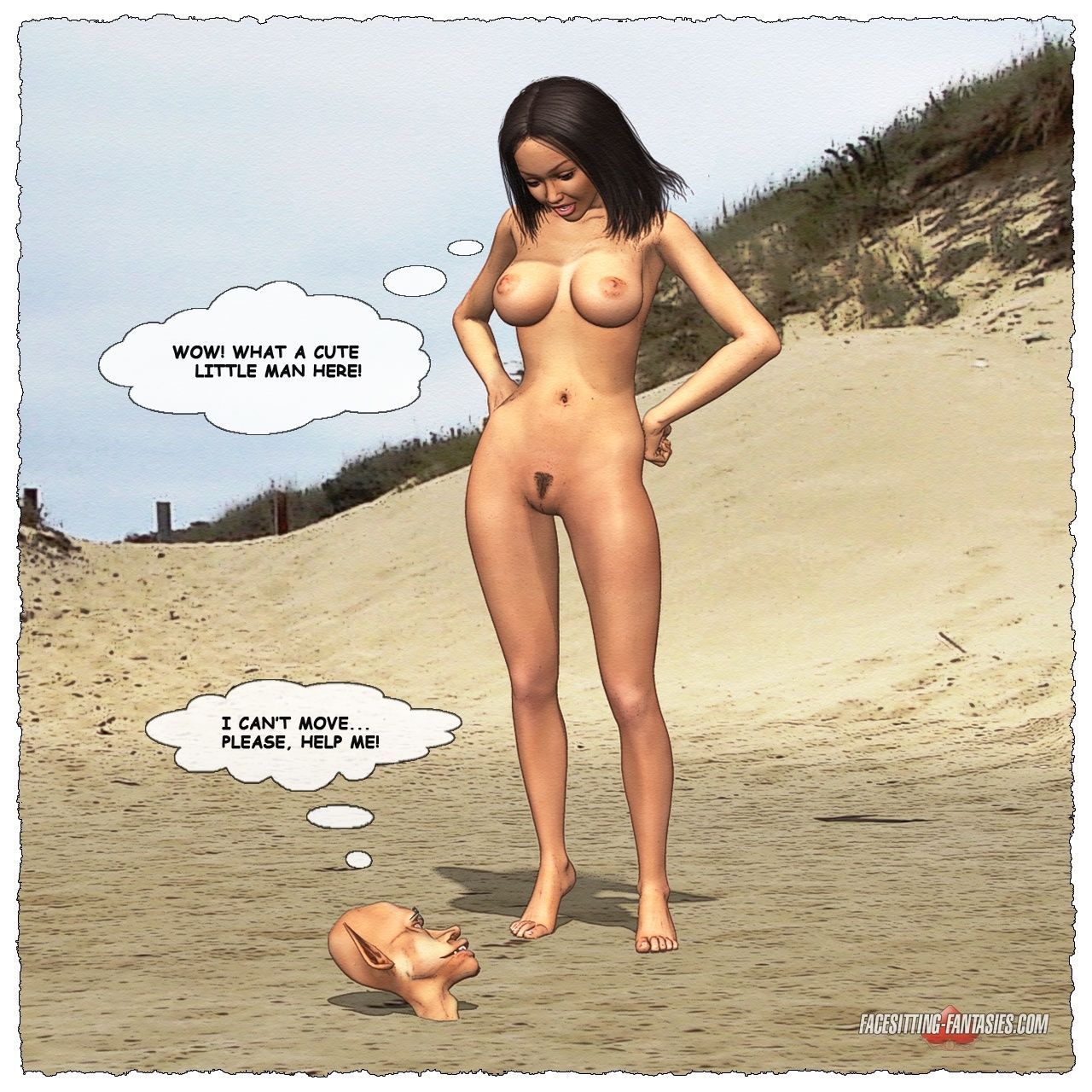 एक सुंदर नग्न लड़की और एक बौना दफन में रेत