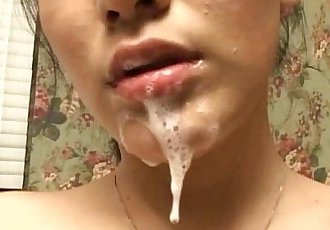 Big tit Asian spits cum out mouth, into her pussy!!! - 9 min