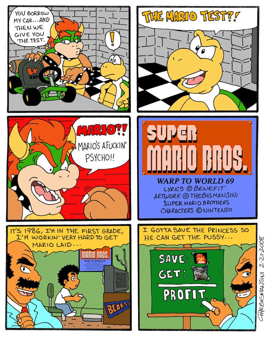 De groot mansini warp naar Wereld 69 (super Mario brothers)