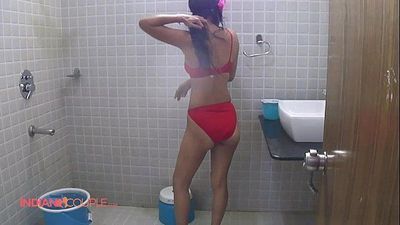 Indian Wife Reenu Shower Erotic Red Lingerie Getting Nude - 50 sec HD