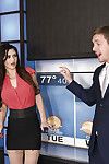 Pornstar Kendall Karson takes a cumshot on big tits on live tv show