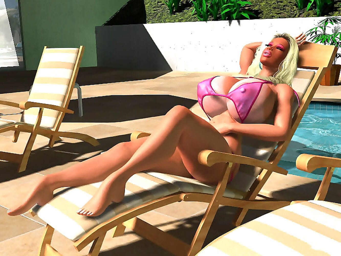pornstar D sexy gros seins blonde dans bikini bain de soleil à l